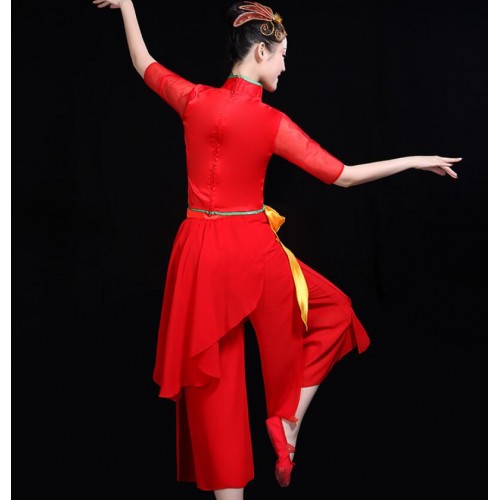 Women's red chinese folk dance costumes drummer dress ancient traditional yangko fan umbrella stage performance dresses costumes